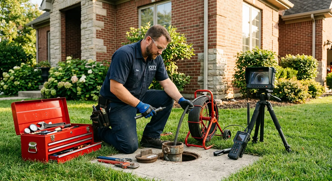 Sewer specialist with camera equipment servicing a cleanout in Morganton