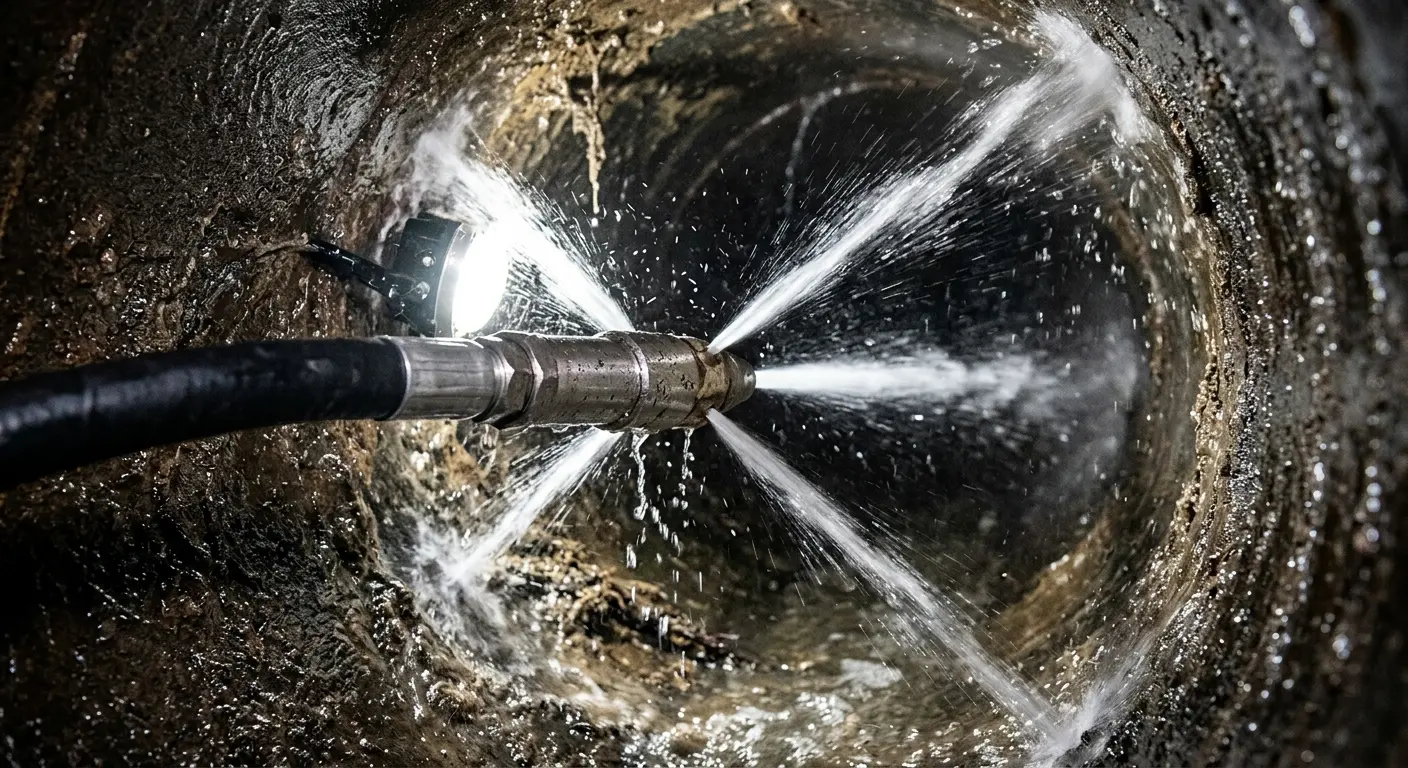 High-pressure hydro jetting nozzle cleaning sewer pipe for Emergency Drain Service in Morganton