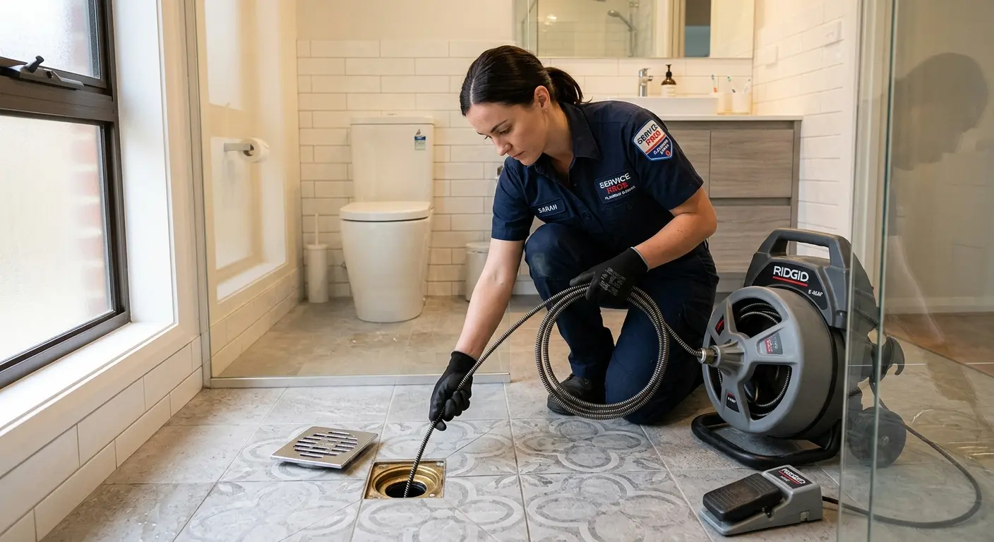 Technician clearing a bathroom floor drain for Drain Cleaning in Morganton